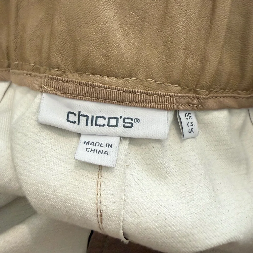 Chico's Faux Leather Wide Leg Pants Tan Camel Elastic Back Size 4‎ Regular 4R